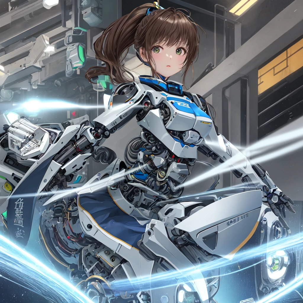2 depicts a 39-year-old Japanese female robot being repaired.Please provide 5D art。She has wavy brown hair tied in a ponytail..、has green eyes。Her figure is plump and charming.、The body is made of silver metal.、Made of ball joint。Her body, Modified to robot, Has been demolished.、When drawing, please make sure the internal mechanical parts and wiring are clearly visible..。She has no expression on her face、The background is the atmosphere of a robot factory.、请让构图看起来像是一个机械手或组装在维护Her body.。