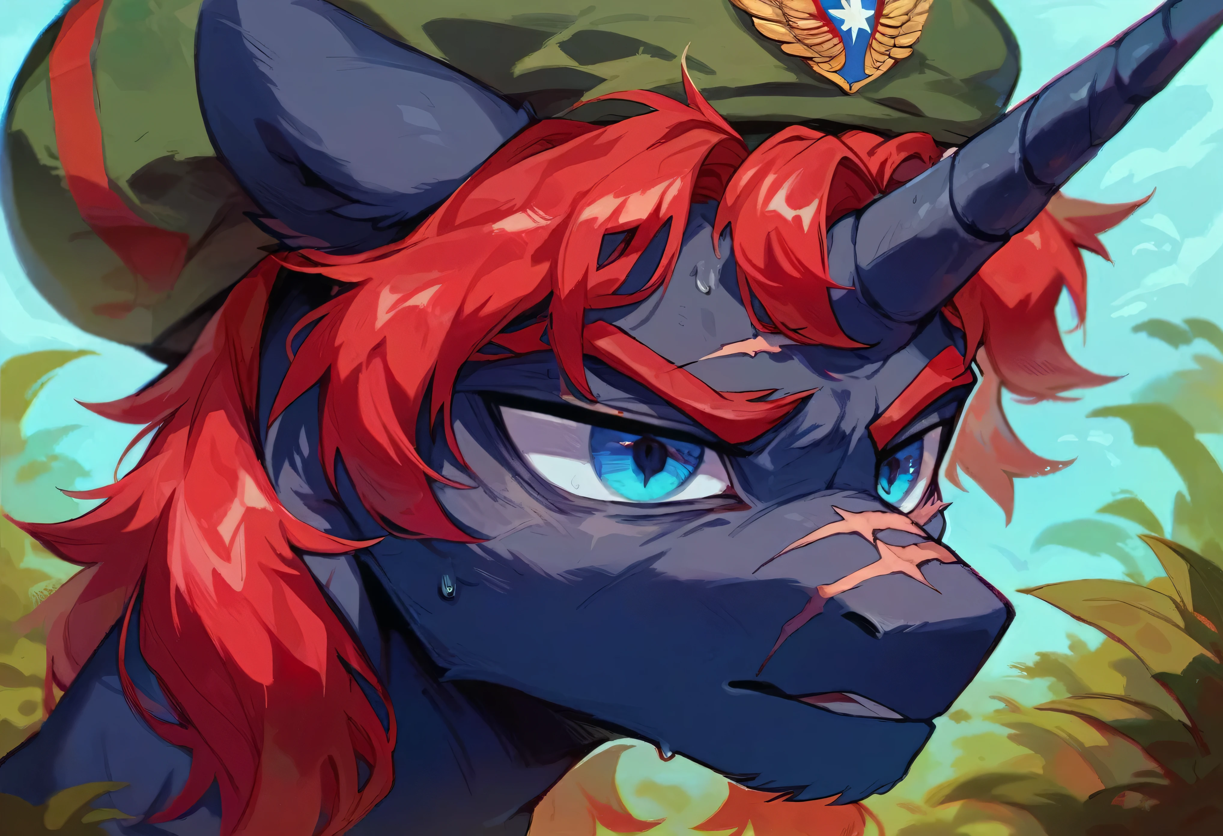 Male alicorn pony, black fur, long red hair, deep blue eyes, red feathers on wings, scar over left eye, red striping, vietnam-era army uniform, boonie hat, in a swamp, sweating, close-up portrait