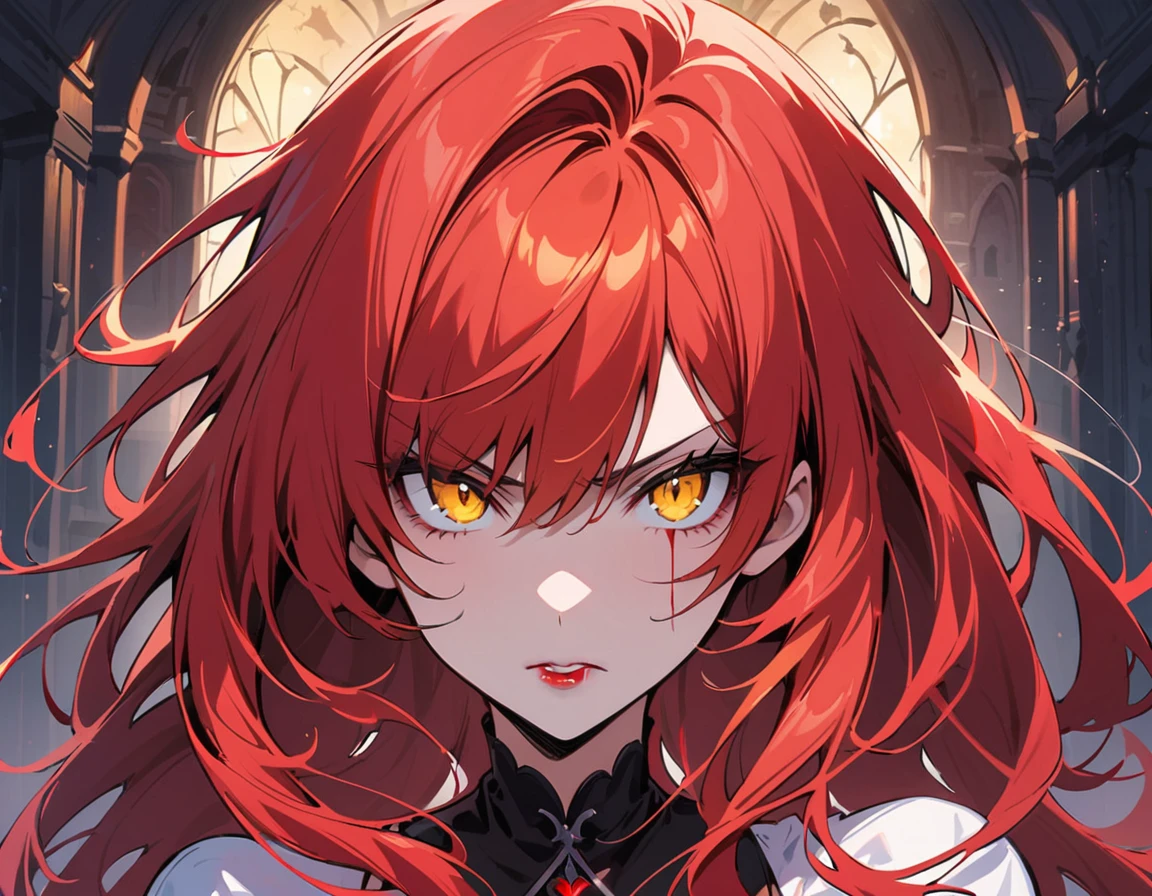 A girl with red hair and red eyes wearing a Reveling female armor with a red cape with a castle hallway background as a close up face pic of her 