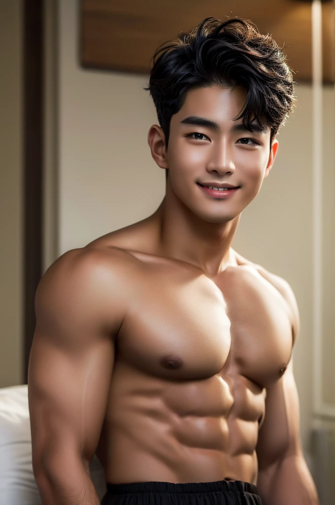 (Masterpiece、Perfect beauty), (Young refreshing man, Black short hair, smile), Luxury,Warm, subdued lighting,