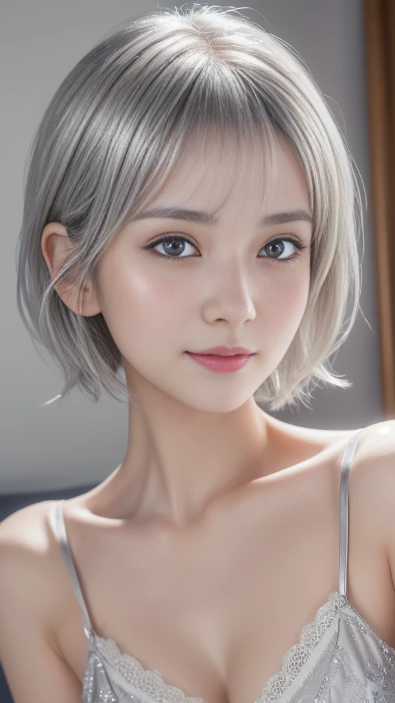 (a cute ultra young japanese girl:1.25), extremely detailed face, NO makeup, beautiful eyes with long eyelashes, charming eyes, dropped eyes, small delicate nose, lovely smiling lips, (short silver hair:1.5), (porcelain white skin, wearing a lacy camisole, slender figure:1.25), (best quality,4k,8k,highres,masterpiece:1.2),ultra-detailed,(realistic,photorealistic,photo-realistic:1.37),HDR,UHD,studio lighting,ultra-fine painting,sharp focus,physically-based rendering,extreme detail description,professional,vivid colors,bokeh,portraits,soft pastel colors,natural lighting,cinematic composition,lied in bed