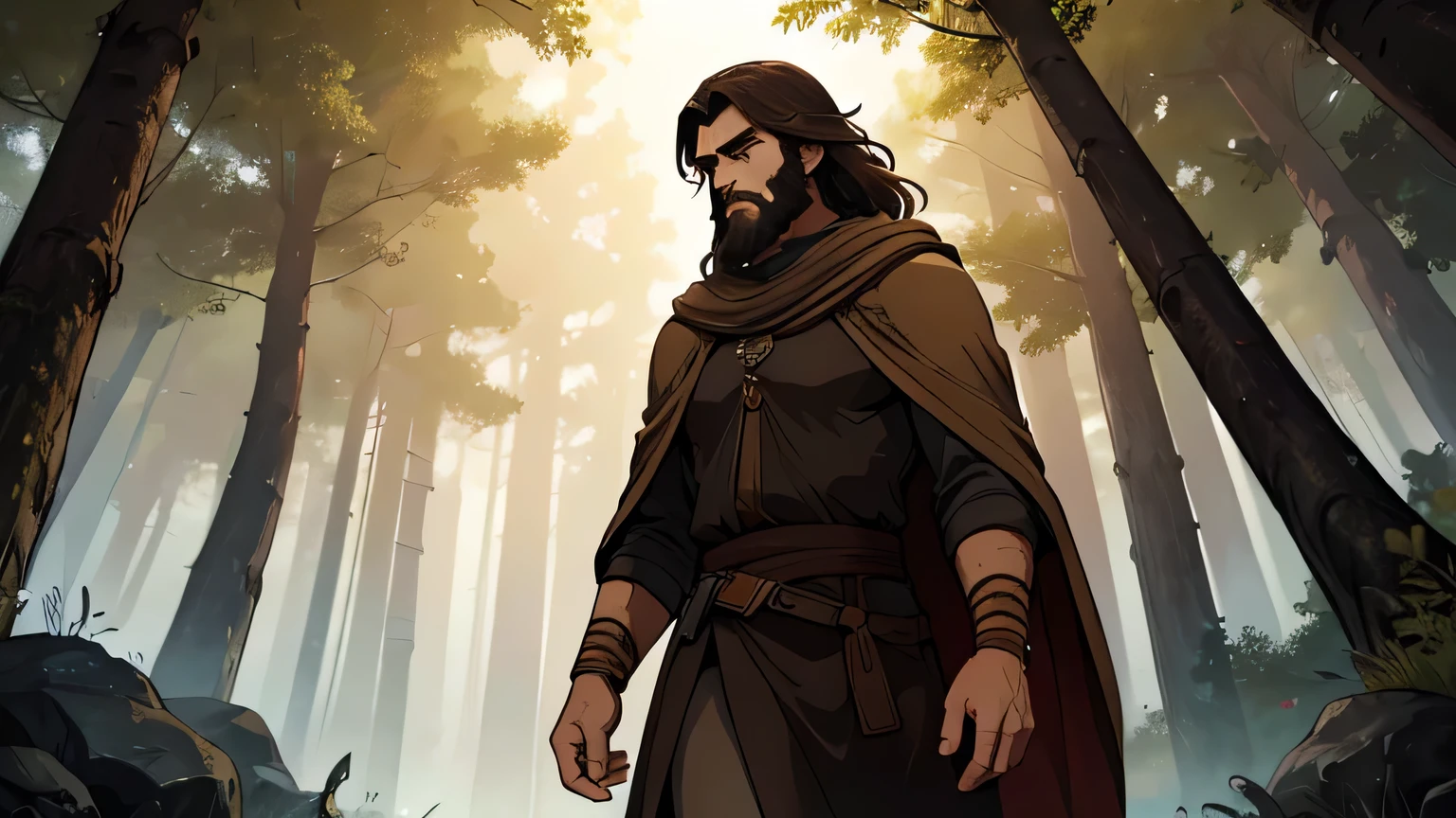 man with dark brown beard, long dark brown hair, light yellow brown eyes, and dark brown tunic, and light brown from the 4th century BC, with a light brown cloak, about 50 years old, walking in a dark and mysterious forest at night, lost in the forest