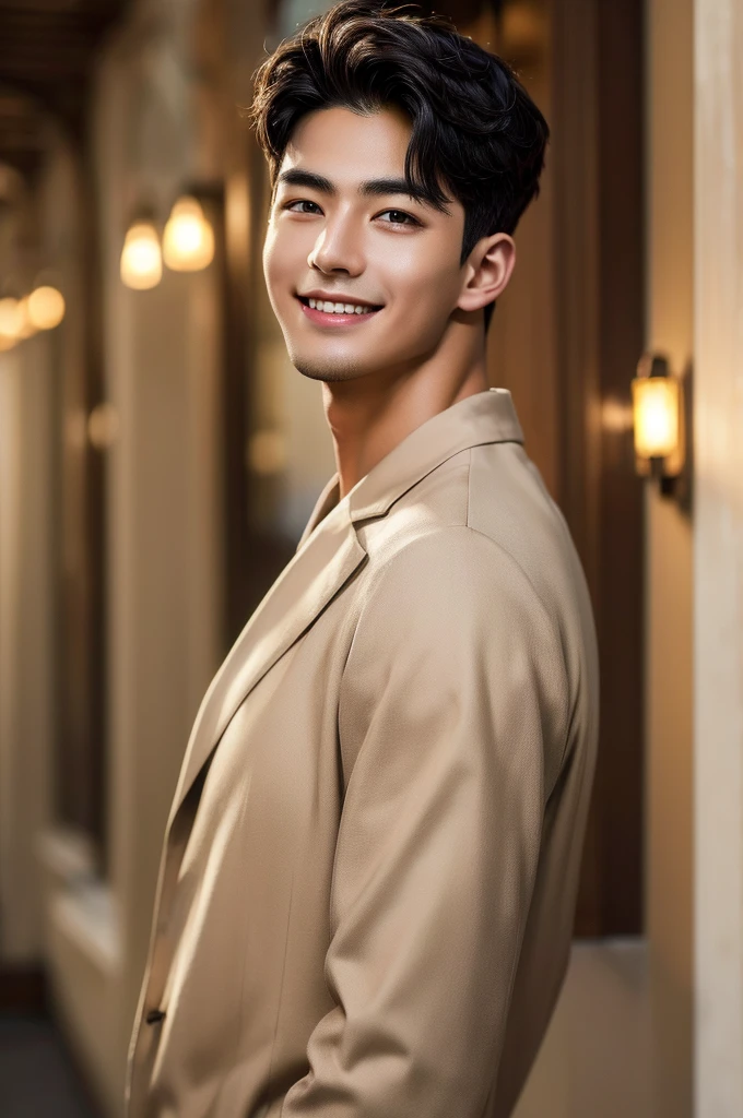 (Masterpiece), (Young refreshing man, Black short hair, smile), Luxury,Warm, subdued lighting,