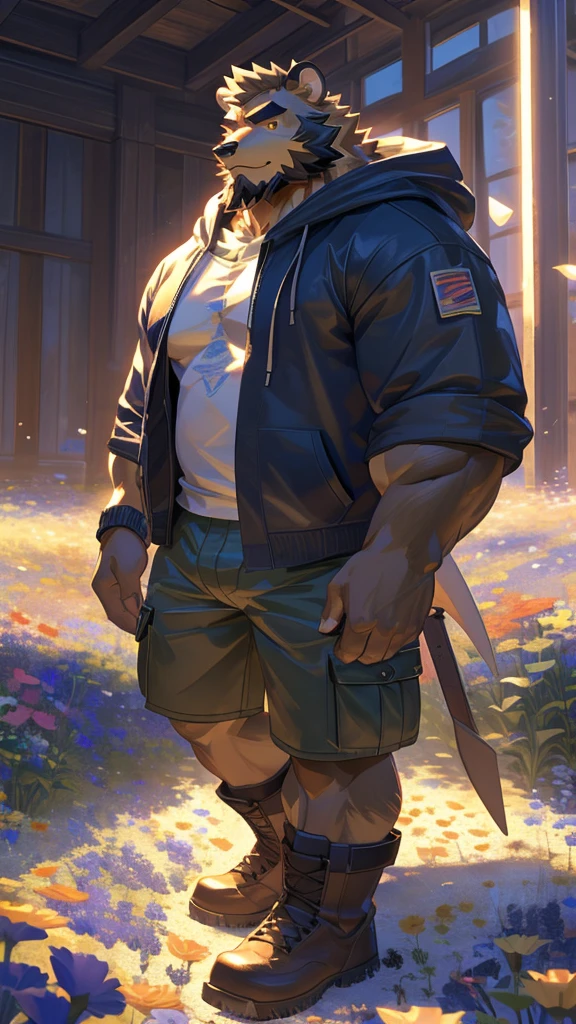 (masterpiece:1.2), best quality,pixiv,official art,perfect ???????, (Ray tracing, light),solo, (1_male:1.3) , (muscle), (brown fur:1.4), (muscle bulls), (beard:1.2), (gleaming golden eyes), Thick eyebrows, open hoodie,cargo shorts ,Brown boots, portrait, morning, flower field