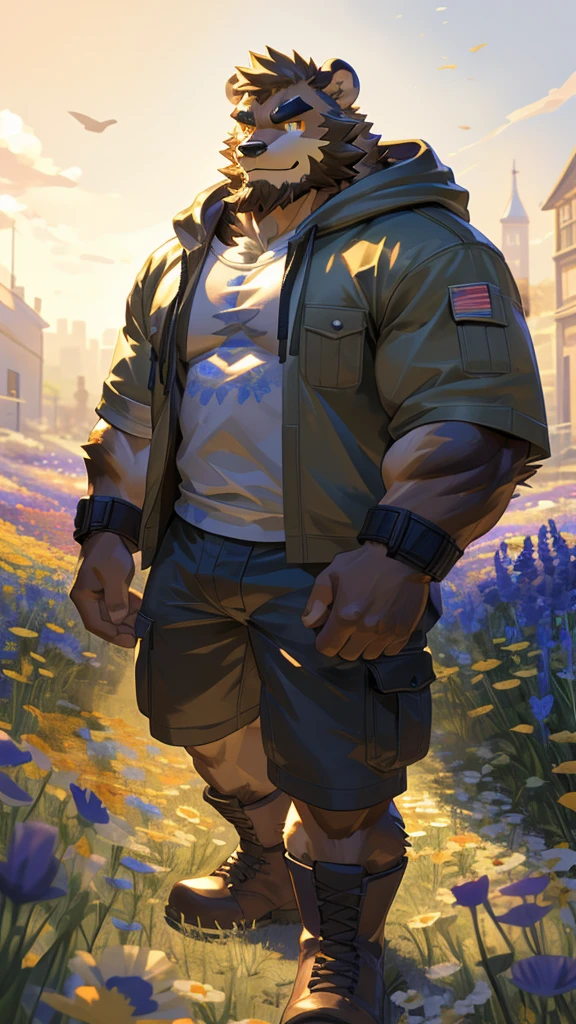 (masterpiece:1.2), best quality,pixiv,official art,perfect anatomy, (Ray tracing, light),solo, (1_male:1.3) , (muscle), (brown fur:1.4), (muscle bulls), (beard:1.2), (gleaming golden eyes), Thick eyebrows, open hoodie,cargo shorts ,Brown boots, portrait, morning, flower field
