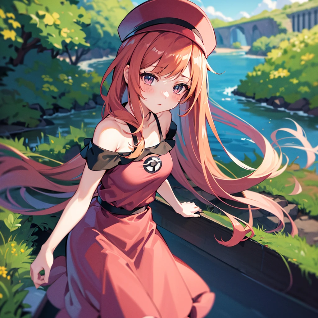Masterpiece, Best Quality, high resolution, outdoor, 1 girl, Alone, serena (pokemon), pink hats, Red skirt, black shirt, bare shoulders, looking at the viewer,