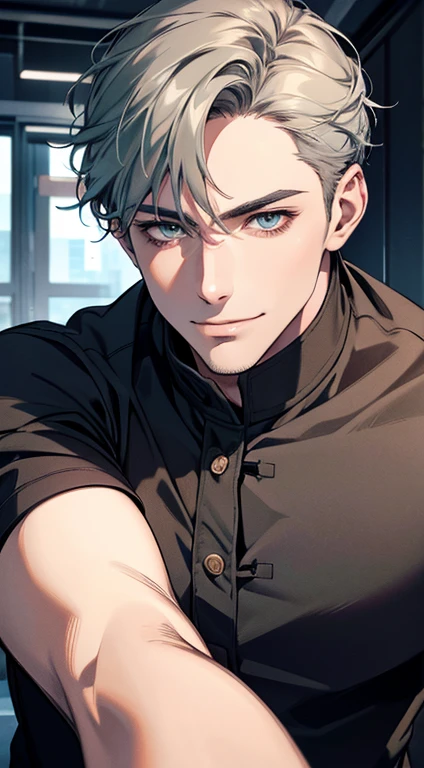 (best quality,4k,8k,highres,masterpiece:1.2),ultra-detailed,(realistic,photorealistic,photo-realistic:1.37),1 man,31 years old,mature man,very handsome,without expression,smile,short grey green hair,blue eyes,penetrating gaze,perfect face without errors,imposing posture,businessman,office background,cinematic lighting,hdr image