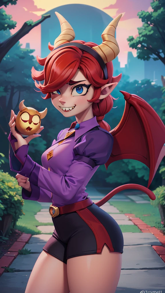 Surreal beautiful cat elf, detailed red hair, face detailed, big demon horns, fully body, Big eyes, long and pointed nose, colettetrixie, sharp teeth, hair over one eye, hairband, demon horns, colored sclera, purple shirt, purple shorts, demon wings, 8K