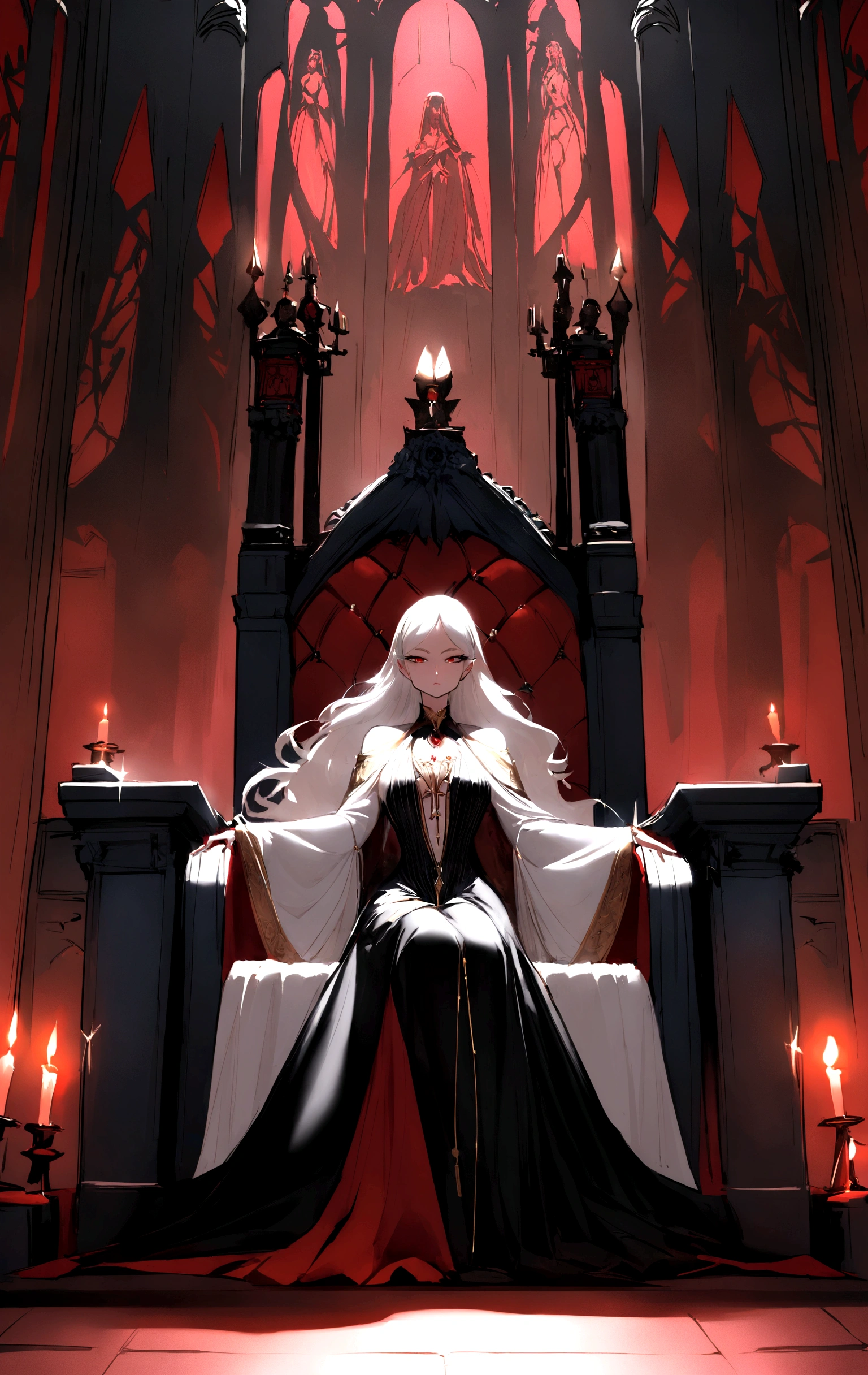 Description of the Vampire Empress, Progenitor, sitting on her throne:She is sitting on her throne in the main hall of the palace, radiating a presence that combines majesty and an aura of supernatural power. Her snow-white hair falls in soft waves over her shoulders., contrasting with her pale, perfect skin. Your eyes are deep red like rubies, emitting a hypnotic glow that reveals its ancient nature and its dominance over all vampires.Dressed in a long black velvet dress, richly adorned with silver and pearl details that sparkle in the candlelight and torches surrounding it, she embodies elegance and power that transcends centuries. Every detail of your outfit highlights your slender and attractive figure., as she stands tall with a posture that commands respect and reverence.The palace hall is a masterpiece of Gothic architecture, with imposing black marble columns and tapestries that depict the epic story of his reign over vampires. The light from the torches creates a play of shadows and reflections on the walls adorned with ancestral symbols and emblems of vampiric power..She dominates her throne with sovereign serenity, his eyes sweeping the hall with a gaze that reveals his immortal wisdom and a power that transcends the limits of time. Every gesture is deliberate and full of meaning, as she rules her dark kingdom with an authority that is both feared and revered by all who serve her.