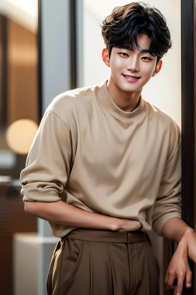 (Masterpiece), (Young refreshing Korean man, Black short hair, smile), Luxury,Warm, subdued lighting,
