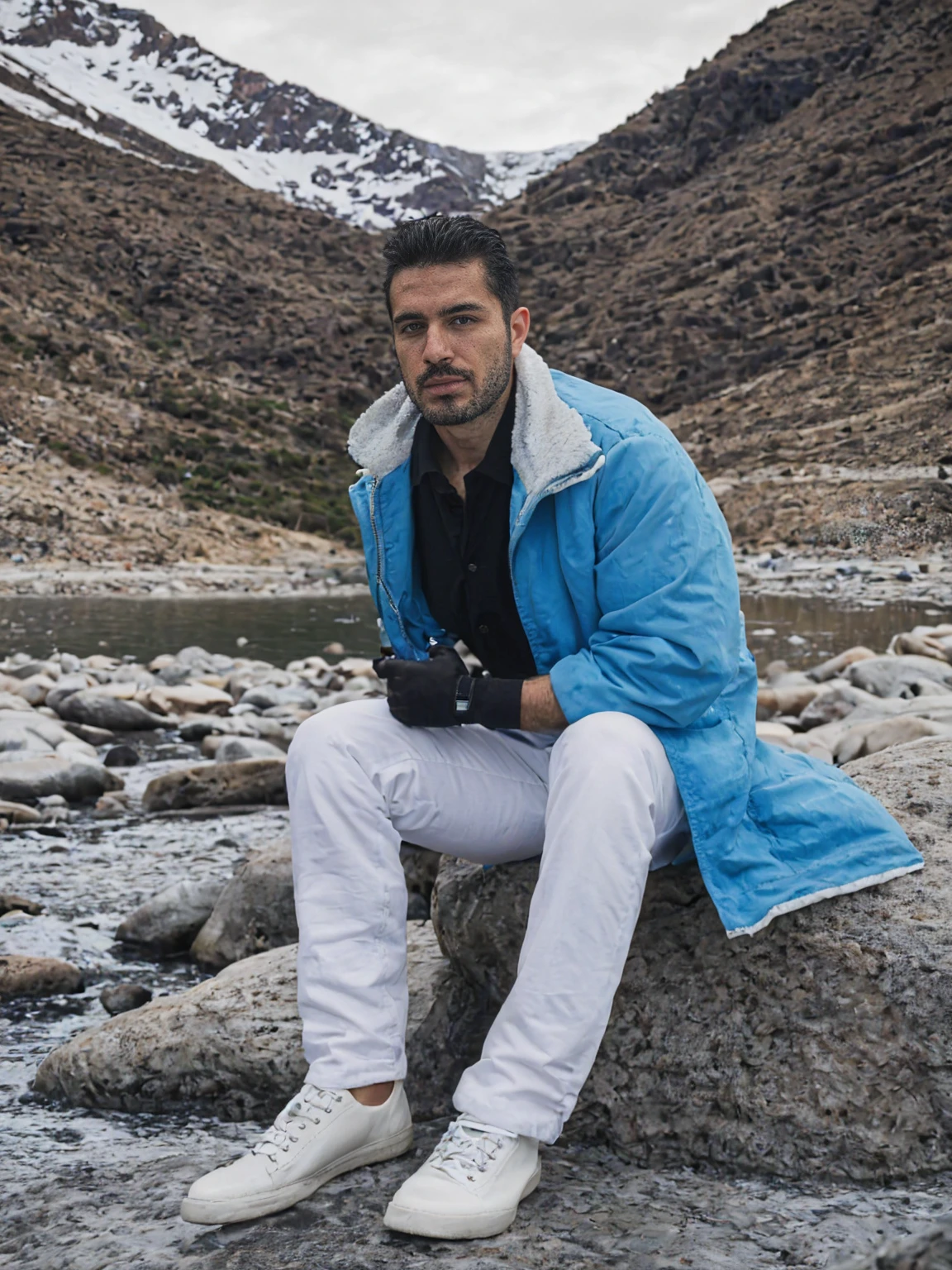 Real image of a handsome Turkish man model 30 years old with short beard and short black hair, with a diver with a white collar, with a blue Louis Vuitton jacket , tailor wearing white pants sitting on a rock, looking seriously at the camera, arid mountainous and snowy area. A stream in the background. Landscape of Mendoza Argentina.