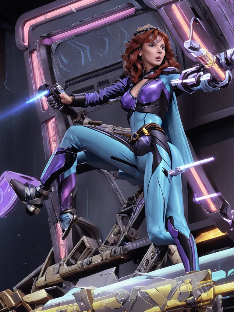 Beverly Crusher (Cyberpunk Amazon Warrior, metallic neon violet bikini and winged tiara, violet chrome laser lance) riding atop a mecha tortoise (large saddle flanked by cannons, violet theme)
