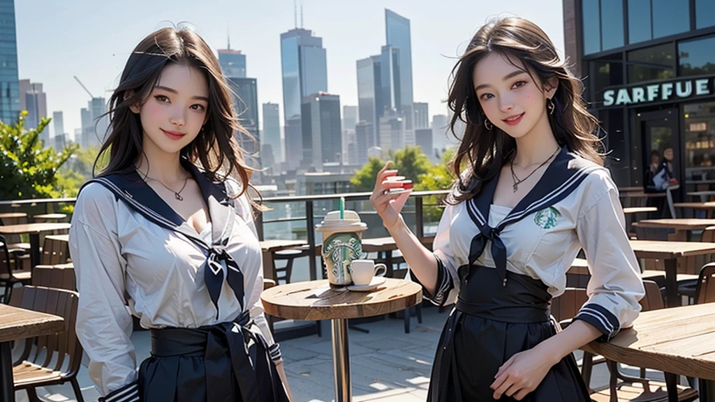 8K、RAW Photos、Highest quality、Super detailed、Super Resolution、Ultra HD、8K壁紙、Amazing details
(((Starbucks outdoor cafe、16 year old high school girl in sailor suit)))、((Eat cake、Drink coffee、smile))、Heart Necklace(Emphasize cleavage)
(Full body photo)
(((Skyscrapers are visible)))
(((Waist is visible)))