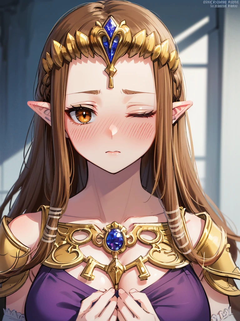 ((((Very beautiful mature woman)))),((surprised),((Scared)),((　Close one eye)),((((Exposed shoulders)))),(((look up))),,(((Golden hair ornament)),,(((Long Hair)))),((Big Breasts)),((((Exposed shoulders)))),((Front Face)),Princess Zelda, ((Highest quality)),,(Very detailed) ,,((Purple blouse)),Brown Hair,((Embarrassed look)),Blushing, ((Highest quality)), (Very detailed), ,(((Dark brown hair))),Nintendo, (Straight hair), face,Blushing,((alone)), ((Highest quality)), (Very detailed), ,