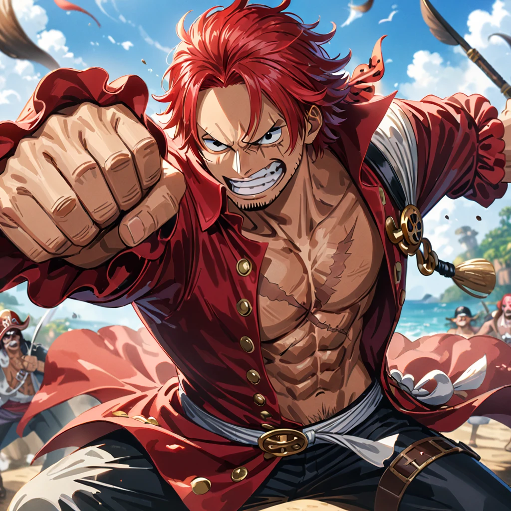 akagami shanks, anime, pirate, red hair, scar, one piece, detailed, dynamic pose, digital painting, 4k resolution, masterpiece, ((medium quality)), ((medium quality))