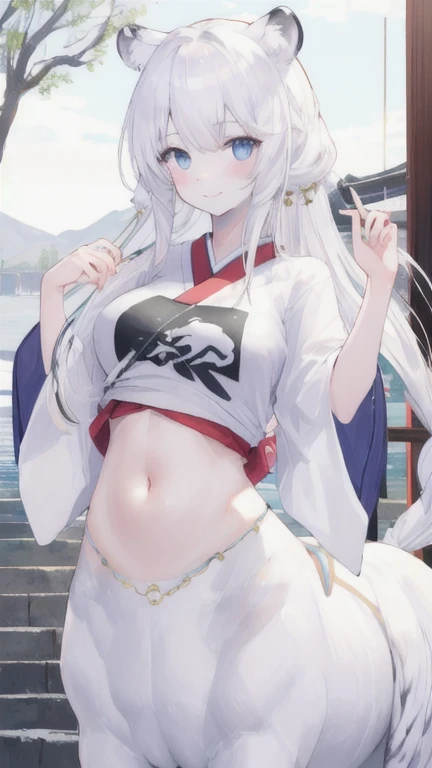 (best quality, masterpiece), 1 girl, centaur, It takes, White skin, japanese girl,Smiling, exposing the abdomen,belly button t-shirt, 아름다운 소녀 perfect white tiger photo, perfect white tiger photo