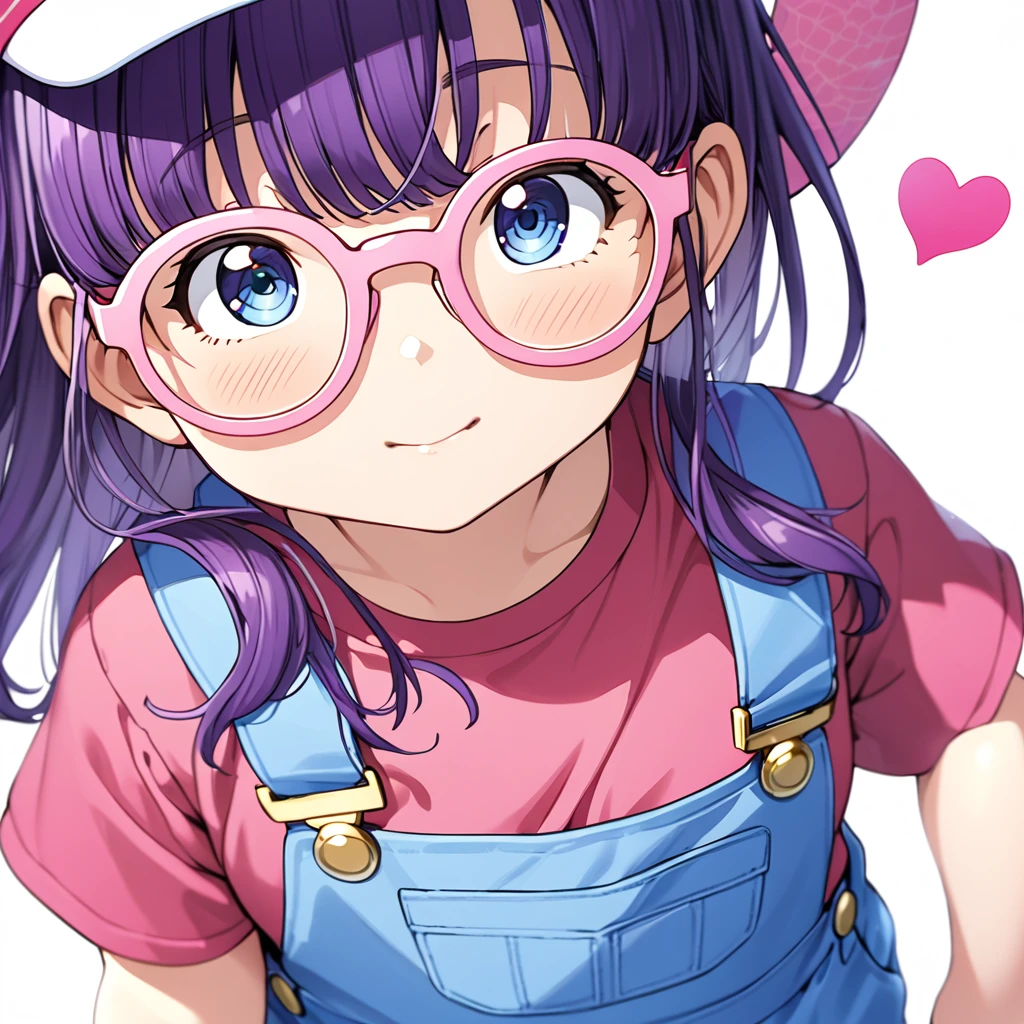 masterpiece, best quality, very aesthetic, absurdres, 1girl, Glasses with heart-shaped frames:1.3, (large pink heart-shaped glasses, decorated with transparent polygonal cut-out beads and sparkling), ds-norimakiarale, purple hair, long hair, blue eyes, pink-framed eyewear pink hat, winged hat, ds-norimakiarale outfit, red shirt, blue overalls, yellow socks, blue shoes, close-up of face
