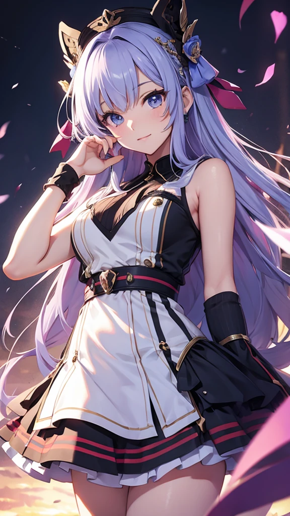 1 girl, japanese clothes, Horse tail ,by white, purple eyes, magic circle, blue Fire, blue flames, wallpaper, landscape, blood, blood splatter, depth of field, evening, light particles, Light rays, side lighting, Thighs, destiny \(series\), genshin impact, ****, open jacket, Skirt, Thighs, cloud