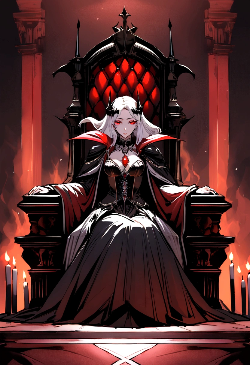 Description of the Vampire Empress, Progenitor, with his Guards in the Dark Palace:She is sitting on her throne in the main hall of the palace, surrounded by an aura of mystery and supernatural power. Her snow-white hair falls in soft waves over her shoulders., contrasting dramatically with her pale, flawless skin. Your eyes are deep red like rubies, emitting a hypnotic glow that reveals his ancestry and his absolute dominance over all vampires.next to her, in guard position, There are two vampires with hair as black as night and eyes as red as burning embers.. They are dressed in black armor, adorned with silver details that sparkle in the light of the candles and torches around. Each possesses an intimidating presence and a watchful expression., ready to protect their sovereign at any cost.The palace hall is a dark stone Gothic fortress, with massive columns of black marble that seem to merge with the surrounding shadows. Tapestries adorn the walls, depicting scenes of war and victory that echo throughout the centuries of his vampiric reign. Torchlight creates a play of dancing shadows, enhancing the feeling of mystery and grandeur of the environment.The Vampire Empress reigns on her throne with a domineering presence and a silence that is more eloquent than words. His eyes sweep the hall with a gaze that reveals his immortal wisdom and a power that transcends the limits of mortality.. Every gesture is calculated and full of meaning, while your guards remain by your side, ready to defend their dark kingdom with unwavering loyalty.