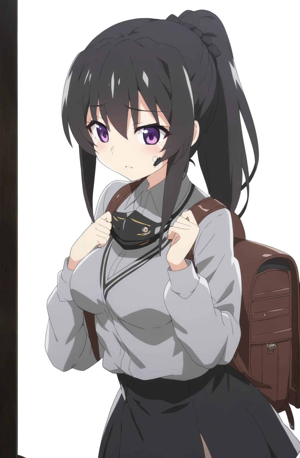 anime girl with a backpack and a mask on her face, purple eyes, anime moe artstyle, cute anime waifu in a nice dress, anime visual of a cute girl, beautiful anime high school girl, gray shirt, short skirt, anime girl with long hair, ponytail hairstyle, high quality anime artstyle, from girls frontline, anime style 4k, mature anime girl, anime girl wearing a black dress, kantai collection style,black shiny hair, normal breast