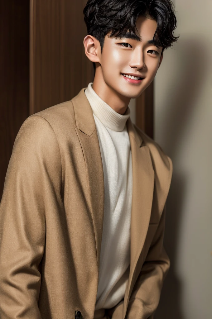 (Masterpiece), (Young refreshing Korean man, Black short hair, smile), Luxury,Warm, subdued lighting,