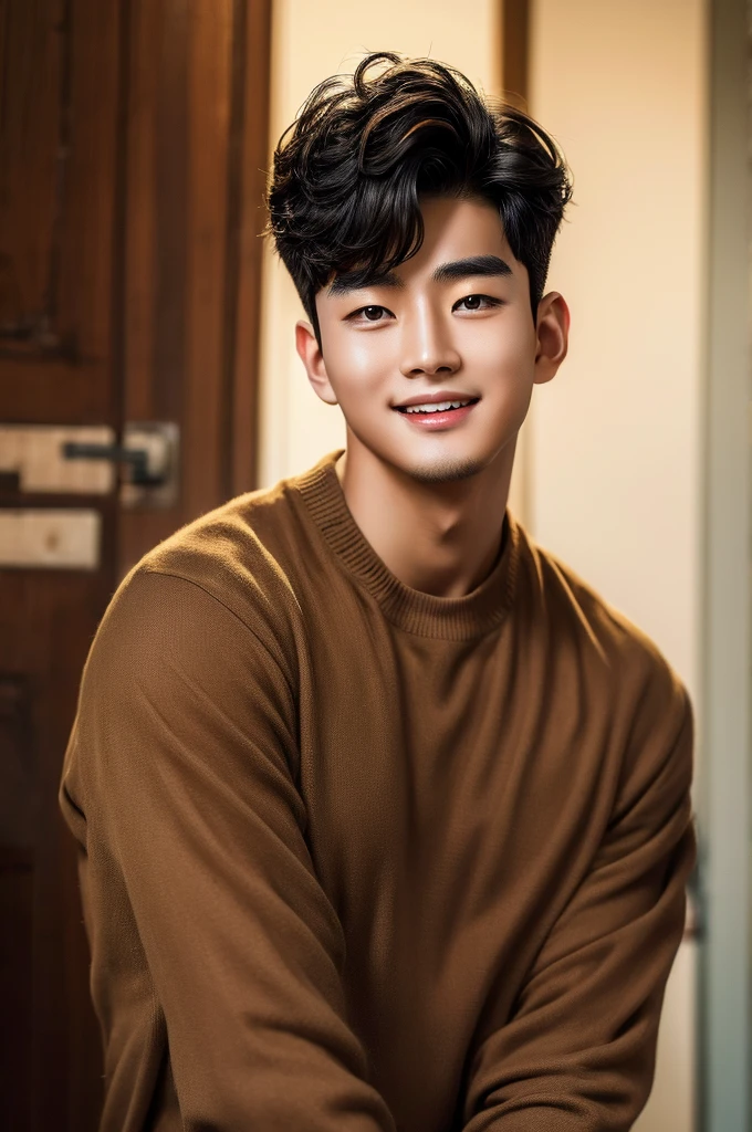 (Masterpiece), (Young refreshing Korean man, Black short hair, smile), Luxury,Warm, subdued lighting,