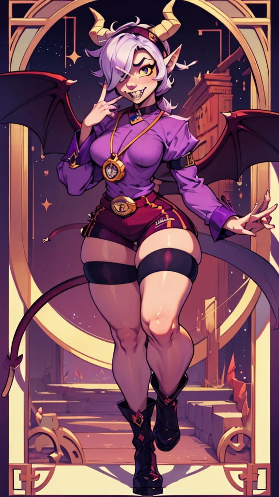 Surreal beautiful cat elf, detailed red hair, face detailed, big demon horns, fully body, Big eyes, long and pointed nose, colettetrixie, sharp teeth, hair over one eye, hairband, demon horns, colored sclera, purple shirt, purple shorts, demon wings, 8K