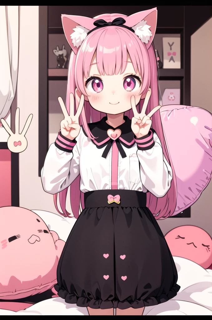 
Character:
Girl (human)
Cat ears (animal feature)
Tail (animal feature)
Smiling expression
Making a peace sign with fingers
Ribbon (accessory)
Environment:
Pink kawaii room
Details:
Upper body only (no legs shown)
Holding a heart-shaped item (optional: specify what kind of item, like a pillow or balloon)