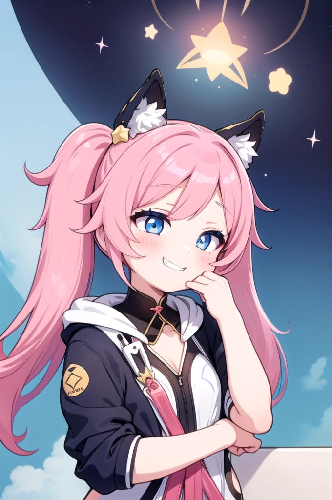 1girl, grin, :3, twintails, upper body, hand to own mouth, looking at viewer, half-closed eyes, hoodie, pink hair, blue eyes,masterpiece,best quality,yukong（Honkai: Star Rail）Harness the void （Collapse：Star Dome Railway）,