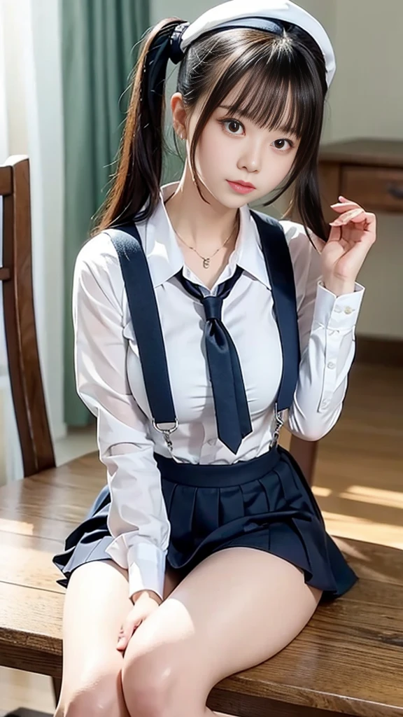 (A beautiful girl who violated the greatest taboo), Divine Punishment, High school girl wearing sailor suit, Beautiful breasts, (Beautiful girl in restraints), Detailed eyes and face, Detailed hands, (Table Top)