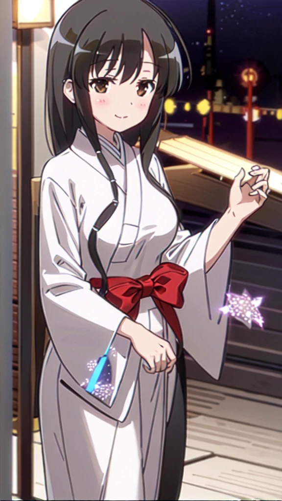 8K, RAW photo, best quality, masterpiece:1.2, Girl in Priestess Uniform, Outfit with open chest, Shoulder-exposing sleeves, Short hakama, Kasumi Iwato, smile, looking at viewer, Huge Breasts, Inside Japan house, Close-up from the waist up,