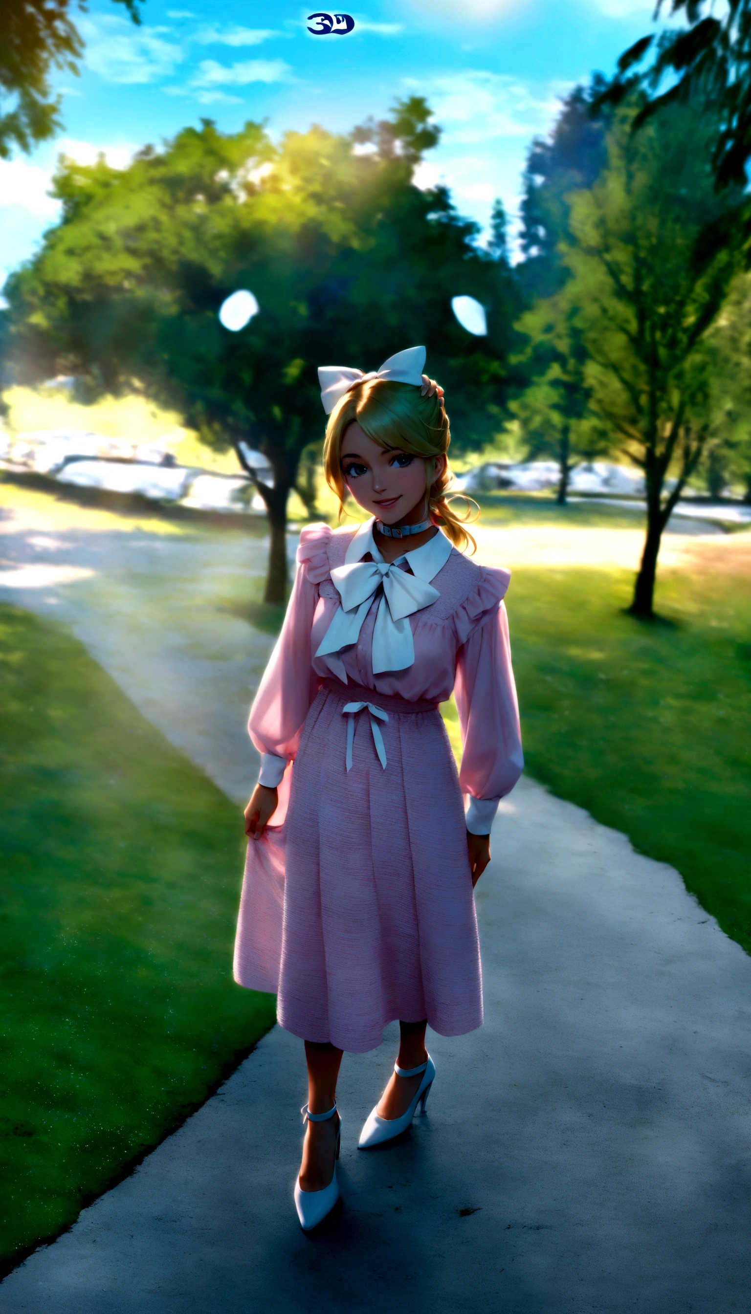  Pixar disney 3d movie cover, illustration of a 22 year old (a has blonde hair, wearing a pink dress with a white bow at the collar and high heels, no bow on top of head, tie tying the hair back), (the setting is a forest full of beautiful trees). She is smiling and happy. (Disney pixar 3d) (highest quallity)