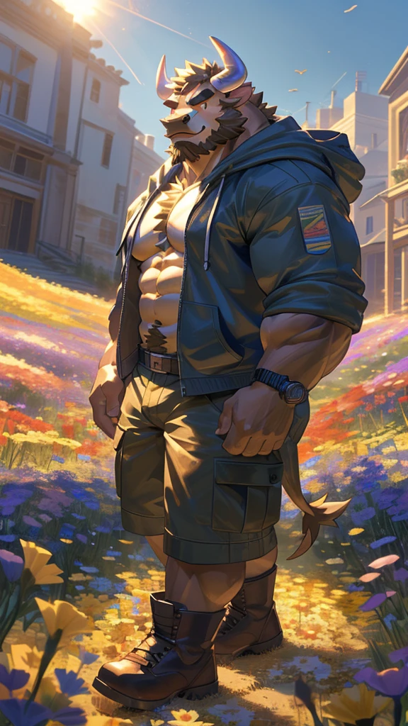 (masterpiece:1.2), best quality,pixiv,official art,perfect anatomy, (Ray tracing, light),solo, (1_male:1.3) , (muscle), (brown fur:1.4), (muscle bulls, bull), (beard:1.2), (gleaming golden eyes), Thick eyebrows, open hoodie,cargo shorts ,Brown boots, portrait, morning, flower field