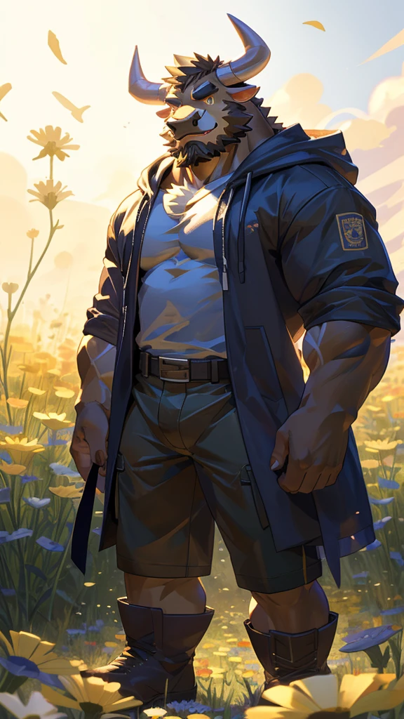 (masterpiece:1.2), best quality,pixiv,official art,perfect anatomy, (Ray tracing, light),solo, (1_male:1.3) , (muscle), (brown fur:1.4), (muscle bulls, bull), (beard:1.2), (gleaming golden eyes), Thick eyebrows, open hoodie,cargo shorts ,Brown boots, portrait, morning, flower field