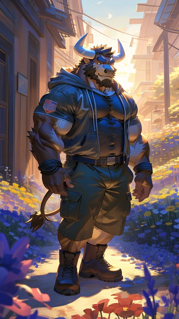 (masterpiece:1.2), best quality,pixiv,official art,perfect anatomy, (Ray tracing, light),solo, (1_male:1.3) , (muscle), (brown fur:1.4), (muscle bulls, bull), (beard:1.2), (gleaming golden eyes), Thick eyebrows, open hoodie,cargo shorts ,Brown boots, portrait, morning, flower field
