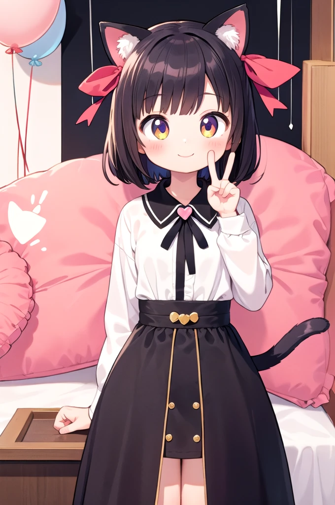 
Character:
Girl (human)
Cat ears (animal feature)
Tail (animal feature)
Smiling expression
Making a peace sign with fingers
Ribbon (accessory)
Environment:
Pink kawaii room
Details:
Upper body only (no legs shown)
Holding a heart-shaped item (optional: specify what kind of item, like a pillow or balloon)