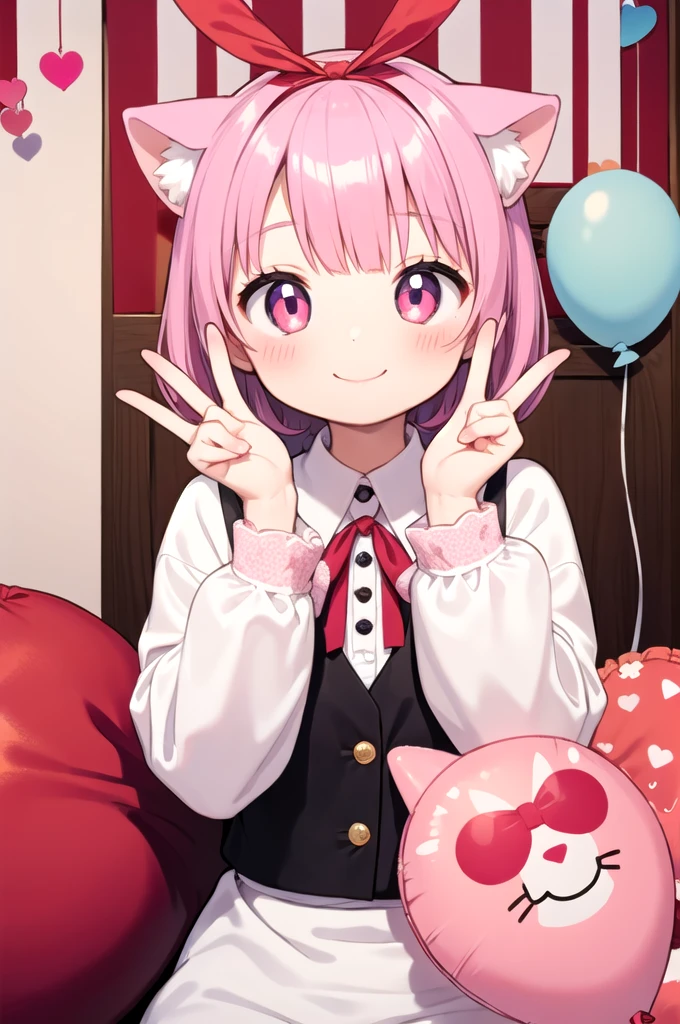 Character:
Girl (human)
Cat ears (animal feature)
Tail (animal feature)
Smiling expression
Making a peace sign with fingers
Ribbon (accessory)
Environment:
Pink kawaii room
Details:
Upper body only (no legs shown)
Holding a heart-shaped item (optional: specify what kind of item, like a pillow or balloon)
