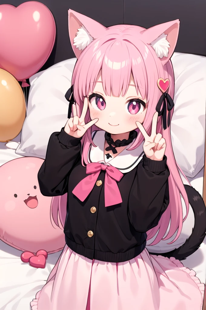 Character:
Girl (human)
Cat ears (animal feature)
Tail (animal feature)
Smiling expression
Making a peace sign with fingers
Ribbon (accessory)
Environment:
Pink kawaii room
Details:
Upper body only (no legs shown)
Holding a heart-shaped item (optional: specify what kind of item, like a pillow or balloon)