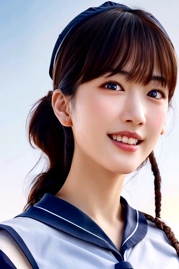 (Realistic:1.2),Japanese Girls, (Look Up:1.2), (Highest quality:1.4), (Very detailed), (Very detailed美しい顔), smile, (Realistic Skin:1.4), Great face and eyes, iris,Medium Hair, Black Hair, Symmetrical eyes, The background is all blue sky, (Short-sleeved sailor suit:1.3), (Angle from below:1.3), The background is a grassland, Smooth, Very detailed CG synthesis 8k wallpaper, High-resolution RAW color photos, Professional photography, Light, BackLight, dream-like, impressive, Written boundary depth