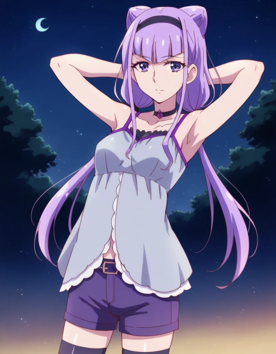 ruru amour, purple hair, hair cones, bangs, purple eyes, hairband, low twintails, grey camisole, sleeveless, frilled camisole, shorts, thighhighs, shiny skin, high quality, solo, 1girl, night sky, beach, arms behind head, (contrapposto), closed mouth, spread armpits, (cowboy shot:1.5), looking at viewer, best quality, expressionless,