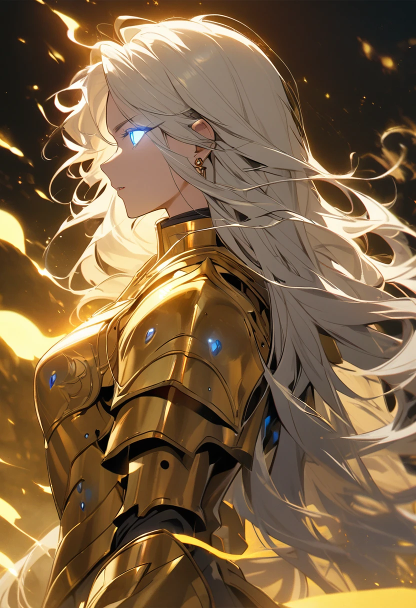 woman, god, god eyes, blue eyes, glowing eyes, yellow aura, golden armor, windy hair, long hair, white hair, god mature, god eyes, side view, earings