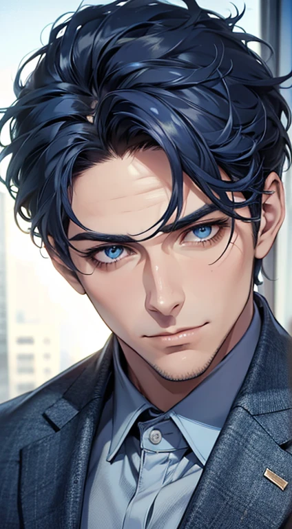 (best quality,4k,8k,highres,masterpiece:1.2),ultra-detailed,(realistic,photorealistic,photo-realistic:1.37),1 man,31 years old,mature man,very handsome,without expression,smile,short blue hair,blue eyes,penetrating gaze,perfect face without errors,imposing posture,businessman,office background,cinematic lighting,hdr image