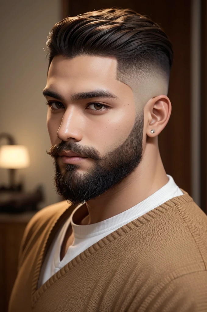 short beard ,medium undercut hairstyle, brown skinned , slightly prominent ear, brawny 