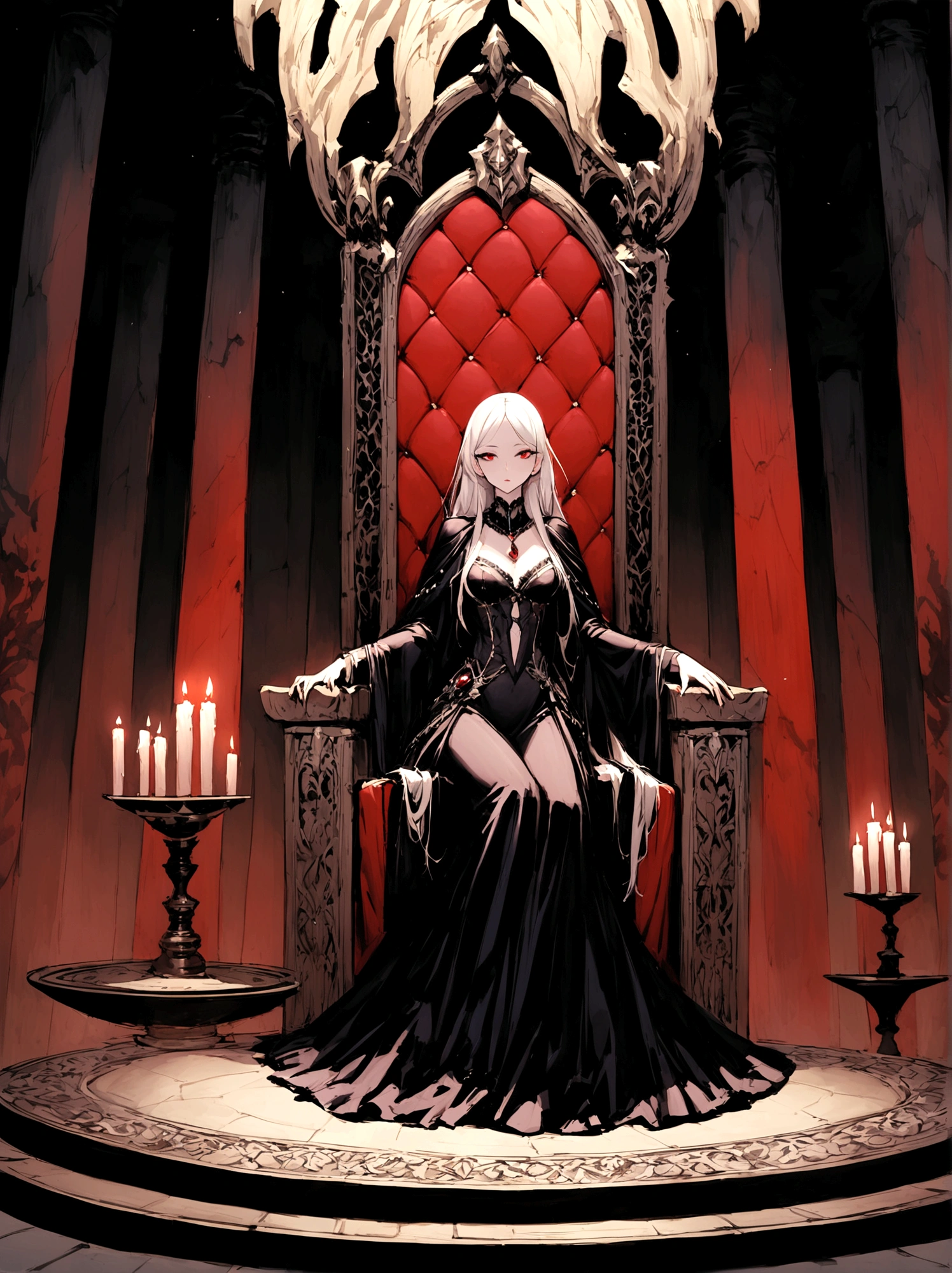 Description of the Vampire Empress, Progenitor, Sitting on her Throne in the Dark Palace:She is sitting on her throne in the main hall of the palace, surrounded by an atmosphere that exudes mystery and supernatural power. Her snow-white hair falls in soft waves over her shoulders., contrasting dramatically with her pale, flawless skin. Your eyes are deep red like rubies, emanating a hypnotic glow that reveals his ancestry and his absolute dominance over all vampires.Dressed in a long black velvet dress, richly decorated with details of silver and black pearls that glitter eerily in the light of the candles and torches around it, she embodies the dark elegance and power that permeates her shadow realm. Every detail of your outfit highlights your slender and attractive figure., as she stands tall with a posture that commands respect and awe.The palace hall is a dark stone Gothic fortress, with massive columns of black marble that seem to merge with the surrounding shadows. Tapestries adorn the walls, depicting scenes of war and victory that echo throughout the centuries of his vampiric reign. Torchlight creates a play of dancing shadows, enhancing the feeling of mystery and grandeur of the environment.She reigns on her throne with a domineering presence and a silence that is more eloquent than words.. His eyes sweep the hall with a gaze that reveals his immortal wisdom and a power that transcends the limits of mortality.. Every gesture is calculated and full of meaning, as she rules her dark kingdom with an authority that is both feared and revered by all who serve her.