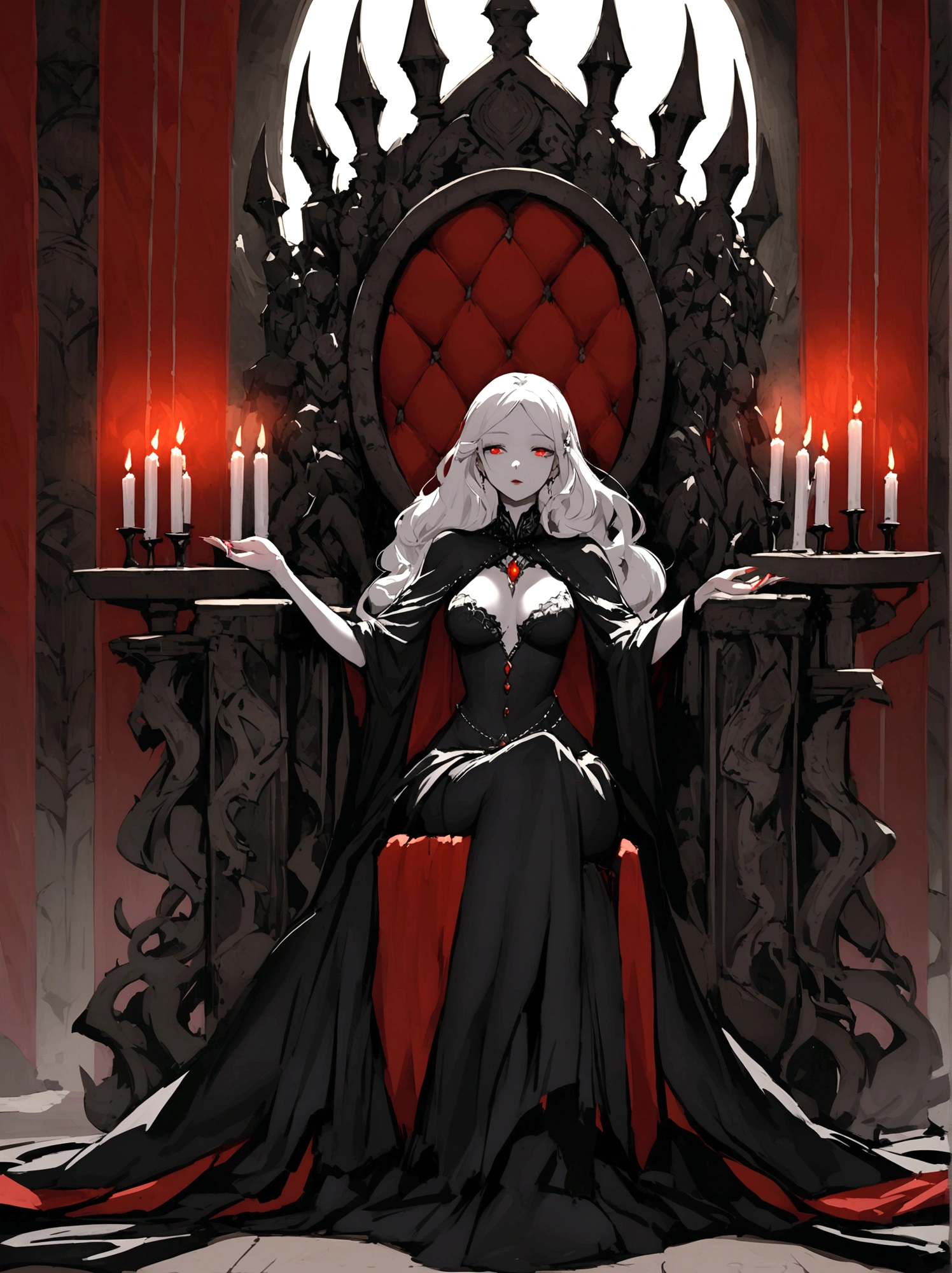 Description of the Vampire Empress, Progenitor, Sitting on her Throne in the Dark Palace:She is sitting on her throne in the main hall of the palace, surrounded by an atmosphere that exudes mystery and supernatural power. Her snow-white hair falls in soft waves over her shoulders., contrasting dramatically with her pale, flawless skin. Your eyes are deep red like rubies, emanating a hypnotic glow that reveals his ancestry and his absolute dominance over all vampires.Dressed in a long black velvet dress, richly decorated with details of silver and black pearls that glitter eerily in the light of the candles and torches around it, she embodies the dark elegance and power that permeates her shadow realm. Every detail of your outfit highlights your slender and attractive figure., as she stands tall with a posture that commands respect and awe.The palace hall is a dark stone Gothic fortress, with massive columns of black marble that seem to merge with the surrounding shadows. Tapestries adorn the walls, depicting scenes of war and victory that echo throughout the centuries of his vampiric reign. Torchlight creates a play of dancing shadows, enhancing the feeling of mystery and grandeur of the environment.She reigns on her throne with a domineering presence and a silence that is more eloquent than words.. His eyes sweep the hall with a gaze that reveals his immortal wisdom and a power that transcends the limits of mortality.. Every gesture is calculated and full of meaning, as she rules her dark kingdom with an authority that is both feared and revered by all who serve her.