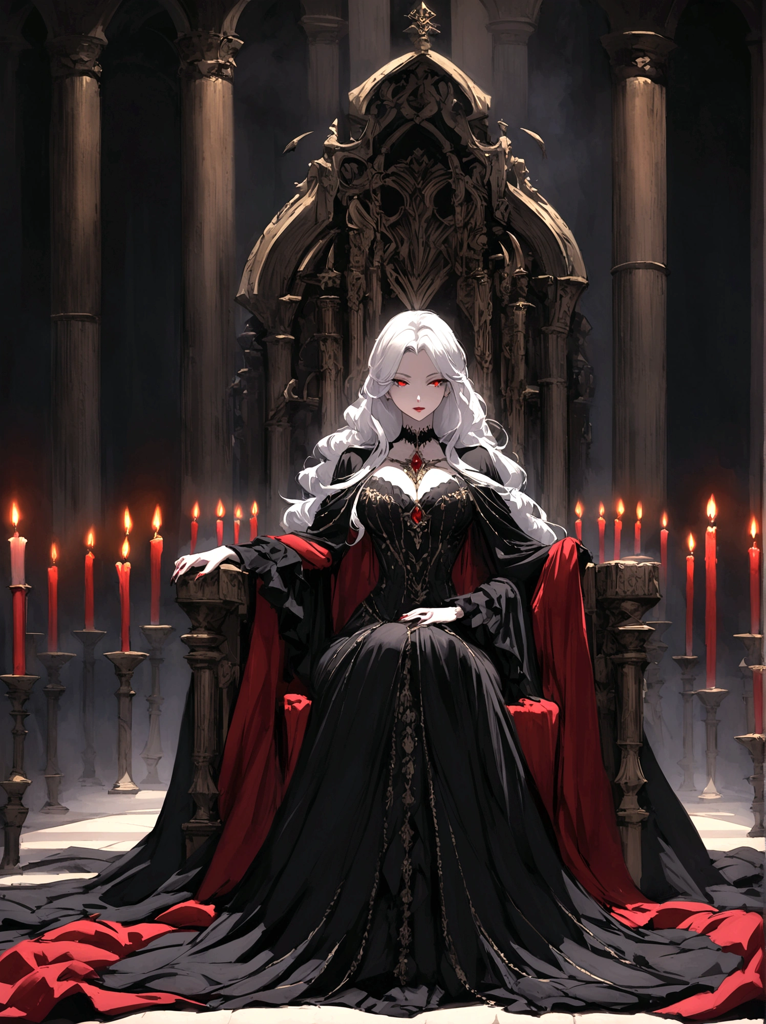 Description of the Vampire Empress, Progenitor, Sitting on her Throne in the Dark Palace:She is sitting on her throne in the main hall of the palace, surrounded by an atmosphere that exudes mystery and supernatural power. Her snow-white hair falls in soft waves over her shoulders., contrasting dramatically with her pale, flawless skin. Your eyes are deep red like rubies, emanating a hypnotic glow that reveals his ancestry and his absolute dominance over all vampires.Dressed in a long black velvet dress, richly decorated with details of silver and black pearls that glitter eerily in the light of the candles and torches around it, she embodies the dark elegance and power that permeates her shadow realm. Every detail of your outfit highlights your slender and attractive figure., as she stands tall with a posture that commands respect and awe.The palace hall is a dark stone Gothic fortress, with massive columns of black marble that seem to merge with the surrounding shadows. Tapestries adorn the walls, depicting scenes of war and victory that echo throughout the centuries of his vampiric reign. Torchlight creates a play of dancing shadows, enhancing the feeling of mystery and grandeur of the environment.She reigns on her throne with a domineering presence and a silence that is more eloquent than words.. His eyes sweep the hall with a gaze that reveals his immortal wisdom and a power that transcends the limits of mortality.. Every gesture is calculated and full of meaning, as she rules her dark kingdom with an authority that is both feared and revered by all who serve her.