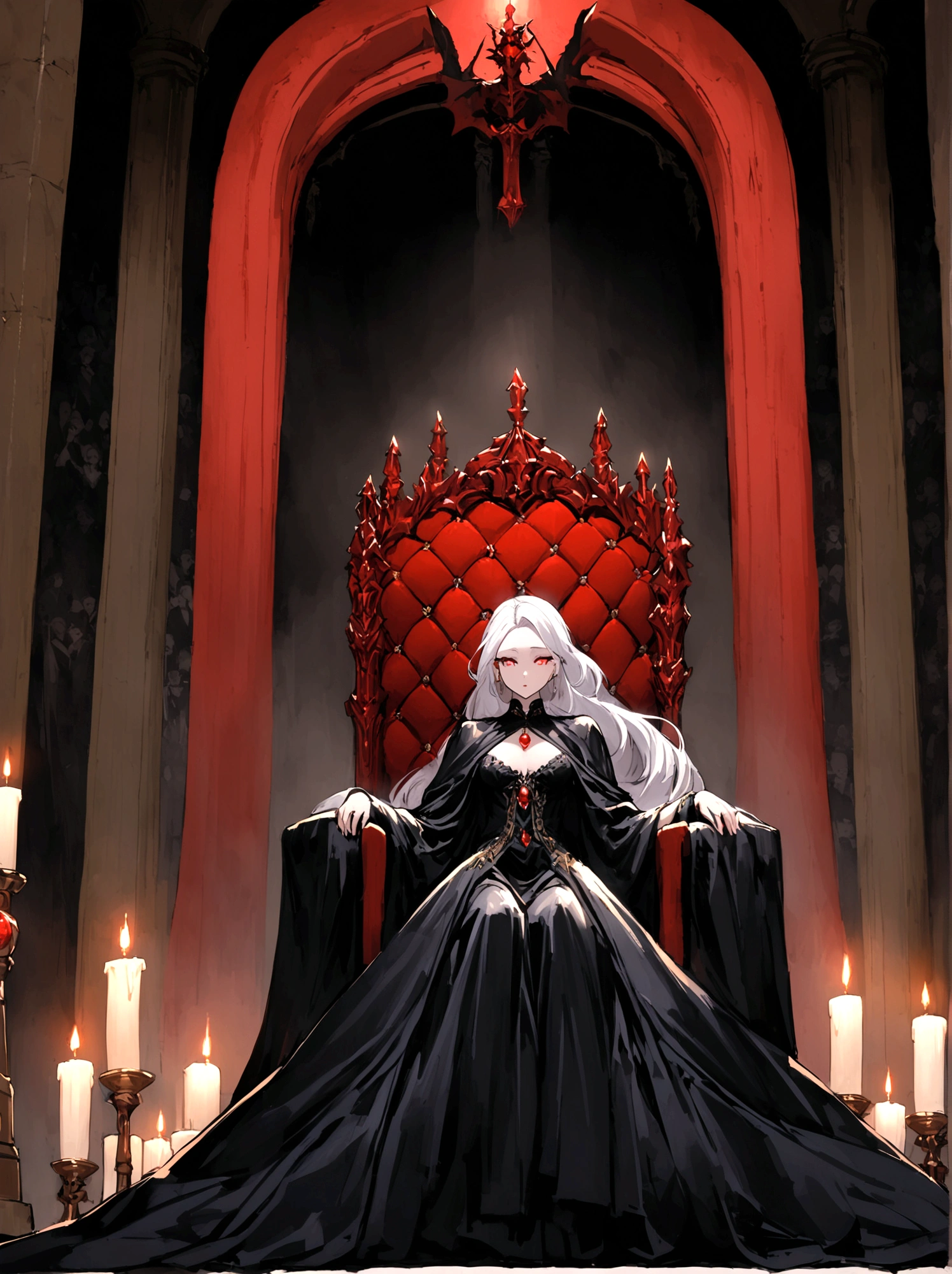 Description of the Vampire Empress, Progenitor, Sitting on her Throne in the Dark Palace:She is sitting on her throne in the main hall of the palace, surrounded by an atmosphere that exudes mystery and supernatural power. Her snow-white hair falls in soft waves over her shoulders., contrasting dramatically with her pale, flawless skin. Your eyes are deep red like rubies, emanating a hypnotic glow that reveals his ancestry and his absolute dominance over all vampires.Dressed in a long black velvet dress, richly decorated with details of silver and black pearls that glitter eerily in the light of the candles and torches around it, she embodies the dark elegance and power that permeates her shadow realm. Every detail of your outfit highlights your slender and attractive figure., as she stands tall with a posture that commands respect and awe.The palace hall is a dark stone Gothic fortress, with massive columns of black marble that seem to merge with the surrounding shadows. Tapestries adorn the walls, depicting scenes of war and victory that echo throughout the centuries of his vampiric reign. Torchlight creates a play of dancing shadows, enhancing the feeling of mystery and grandeur of the environment.She reigns on her throne with a domineering presence and a silence that is more eloquent than words.. His eyes sweep the hall with a gaze that reveals his immortal wisdom and a power that transcends the limits of mortality.. Every gesture is calculated and full of meaning, as she rules her dark kingdom with an authority that is both feared and revered by all who serve her.