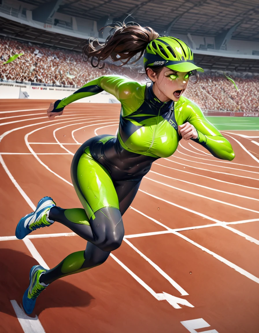 Woman doing athletics,(Highest quality,Extremely detailed depiction,Incredibly absurd high resolution,Anatomically accurate depiction),(Glowing Skin,Shiny skin,Sweat,Large Breasts),Jump,SFW:1.5,background:Athletics Stadium