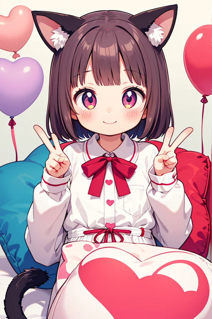 
Character:
Girl (human)
Cat ears (animal feature)
Tail (animal feature)
Smiling expression
Making a peace sign with fingers
Ribbon (accessory)
Environment:
Pink kawaii room
Details:
Upper body only (no legs shown)
Holding a heart-shaped item (optional: specify what kind of item, like a pillow or balloon)