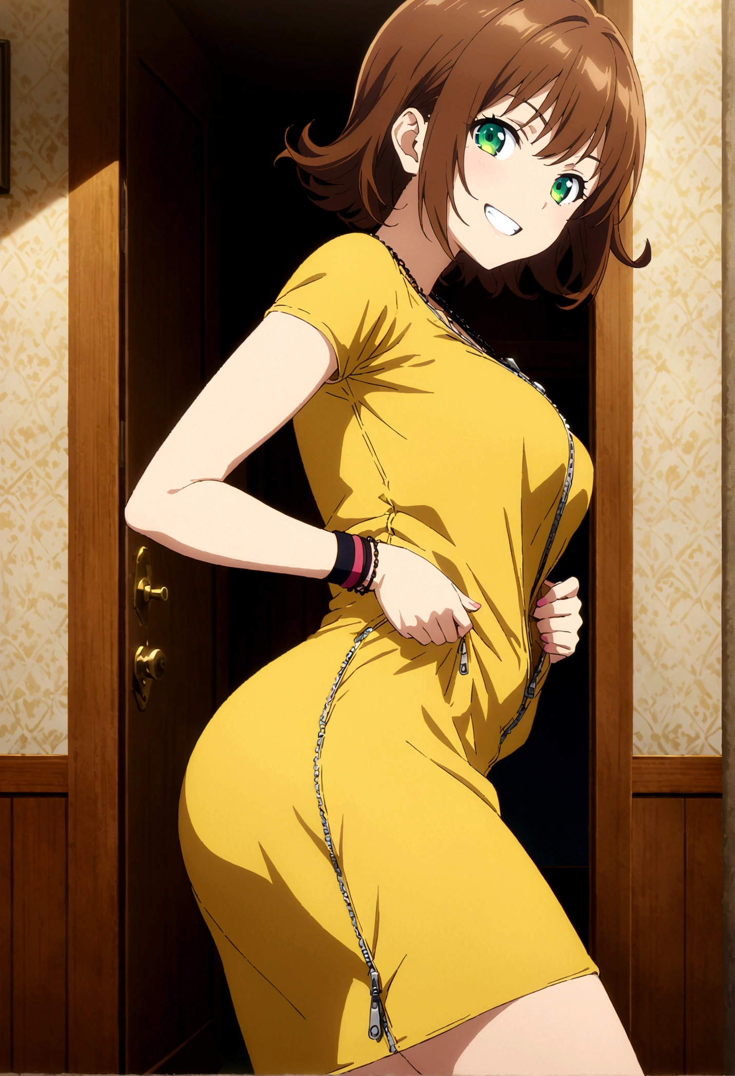 score_9, score_8_up, score_7_up,,BREAK source_anime, from side,front view,standing,,medium shot,looking_at_viewer,1girl, solo, short hair, brown hair, green eyes, necklace, yellow dress, zipper, wristband, , smile, teeth, bent over, ((unzipping)),  indoors, bedroom, (best quality),(aesthetic,very aesthetic),masterpiece, highres, (anime screenshot:0.5),,